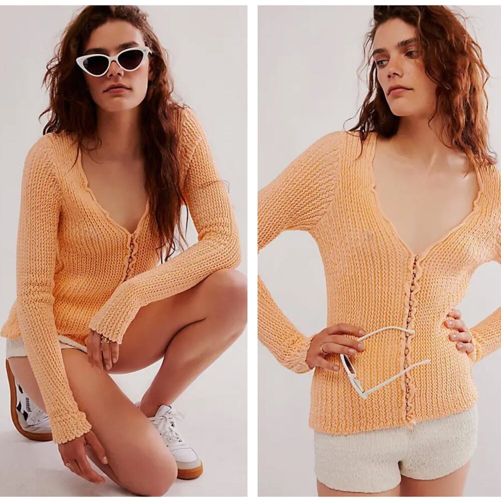 FREE PEOPLE Pucker Up Cardigan Sweater Tender Peach Orange Sz S NWT $128 {3H34}